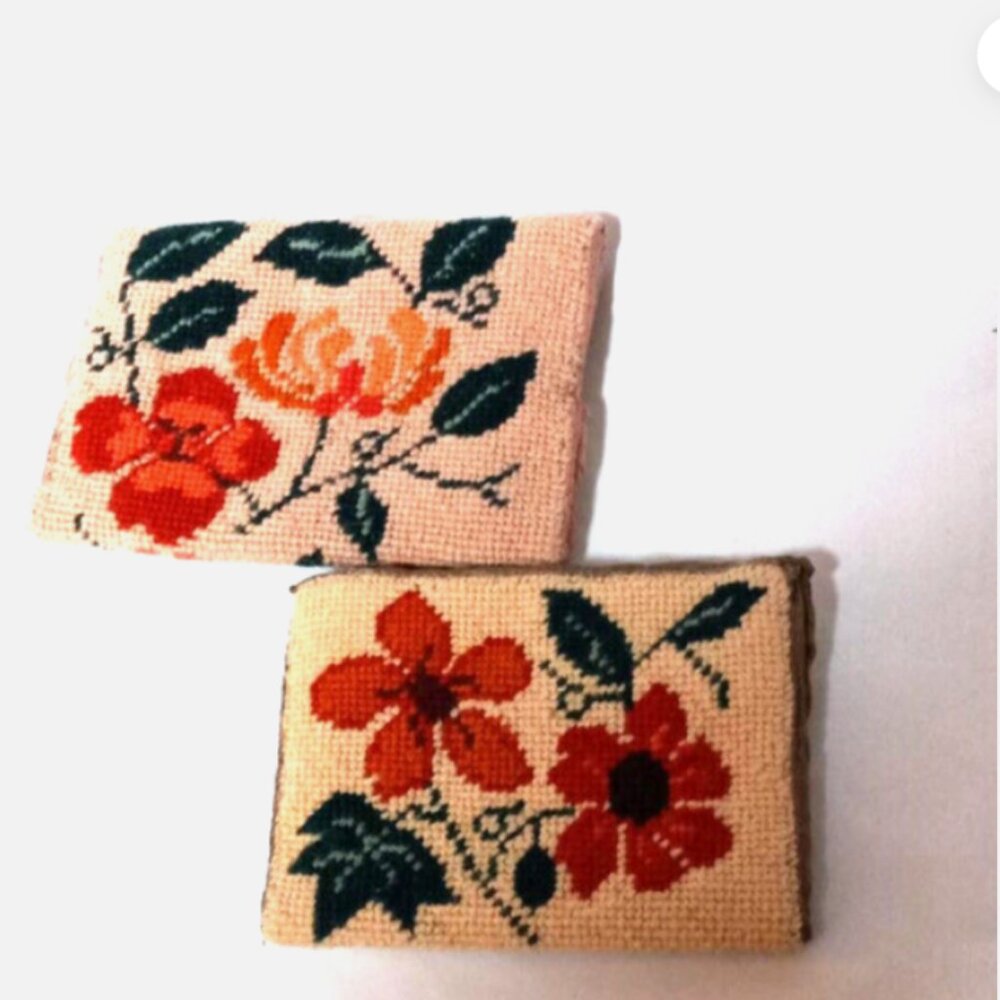 Vintage Handmade Needlepoint Coin Purse & Tissue Holder Set Floral Embroidery